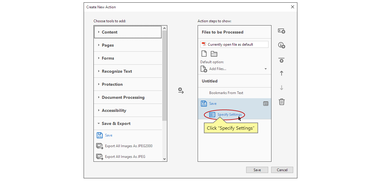 Click to specify saving settings